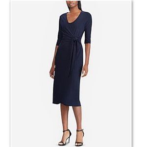 NWT! Ralph Lauren Barrie Wrap Tie Midi Dress Blue 14